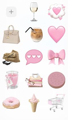 pink and white items are arranged on a white background, including a bag, purse, cupcakes, wine glass, heart - shaped cookies