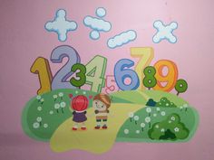 a child's wall mural with numbers and figures