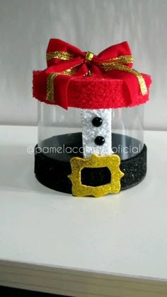 this is an image of a snowman in a glass jar with a red bow