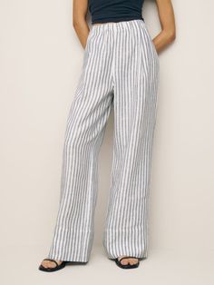 Be a little flexible.  Shop the Petites Fernando Wide Leg Linen Pant from Reformation, a mid rise pant with an elastic waistband and relaxed wide leg. Striped Pant, Linen Pant, Essential Dress, Swimming Outfit, Wide Leg Linen Pants, Denim Trends, Vintage Inspired Dresses, Inspired Dress, Outerwear Sweater