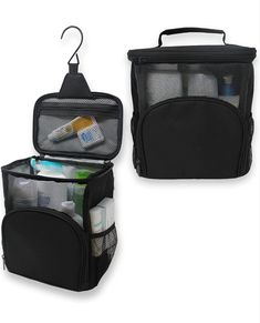 two zippered bags with various items in them, one black and the other white