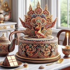 an elaborately decorated tea set sits on a table