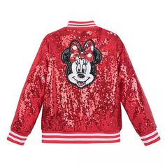 Disney Store Minnie Mouse Girl's Varsity Jacket Size 11/12 Check out my other listings - Many Disney and Kids/Baby Clothes Minnie Mouse Red Sequin Jacket for Girls Red sequin design Minnie ear hat appliqué on front Sequin Minnie Mouse face appliqué on back Striped ribbed collar, cuffs, and hem Full zip front with metal pull Side pockets Red satin lining Polyester Imported Please e-mail with any questions prior to purchase.  Fast shipping same day or one business day handling time. &nbs Cotton Mickey Mouse Long Sleeve Outerwear, Winter Mickey Mouse Hooded Outerwear, Fall Mickey Mouse Cotton Outerwear, Minnie Mouse Jacket, Minnie Mouse Red, Jacket For Girls, Disney Clothes, Minnie Mouse Girl, Sequin Design