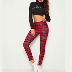 Comfortable Red Plaid Pants Size Guide Located In Picture Gallery Red Fitted Casual Pants, Casual Fitted Red Pants, Casual Straight Leggings For Fall, Fall Casual Straight Leggings, Trendy Red Straight Pants, Trendy High Waist Red Leggings, Trendy Red High-waisted Leggings, Trendy Non-stretch Plaid Bottoms, High Waist Red Pants For Fall