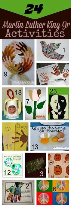 martin luther king activities for kids with pictures and words on them, including handprints