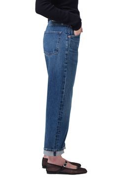 Meant to be worn low on the waist, these slouchy, vintage-inspired nonstretch jeans flaunt bow legs that taper to the ankles and end in uneven cuffs. 25 1/2" inseam; 16 1/2" leg opening; 11 1/2" front rise Button fly Five-pocket style 100% regenerative cotton Machine wash, tumble dry Made in Turkey Classic High Rise Rigid Denim Bottoms, Classic Medium Wash Pants With Belt Loops, Classic Medium Wash Cropped Leg Pants, Classic Medium Wash Bottoms With Belt Loops, Classic High Rise Bottoms With Five Pockets, Classic Cropped Leg Jeans With Belt Loops, Classic Tapered Cropped Leg Jeans, Classic High Waist Rigid Denim Pants, Classic Tapered Cropped Jeans