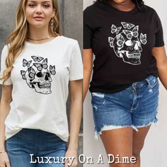 Skull Print Tops For Spring Streetwear, Trendy Skull Shaped Tops For Fall, Casual Spring T-shirt With Skull Print, Fitted T-shirt With Skull Graphic Print, Trendy Spring Skull Print Top, Trendy Skull Print Top For Spring, Punk Skull Print T-shirt For Summer, Fitted Trendy T-shirt With Skull Print, Casual Fitted Skull Print Tops