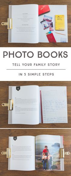 an open book with the title photo books tell your family story in 5 simple steps