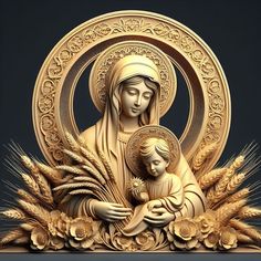 an image of the virgin mary and child jesus in golden frame with wheat stalks around it