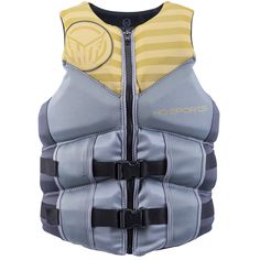 a child's life jacket with yellow and grey stripes