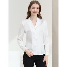 Complete your chic style with this satin button-up shirt. This satin button-up shirt features button cuffs and a notch collar perfectly. Pair it with jeans and work pants for your casual chic look. To create an elegant image with a classic design. Look smart and classic in this shirt finished with solid color fabric. With shiny and smooth fabric, this satin shirt makes you look elegant and romantic. Elegant Single Breasted Tops, Classic Single Breasted Collared Blouse, Elegant Single-breasted Button-up Top, Elegant Single Breasted Button-up Top, Slim Fit Blouse With Button Closure For Work, Office Slim Fit Blouse With Buttons, Slim Fit Office Blouse With Buttons, Slim Fit Buttoned Office Blouse, Slim Fit Button Blouse For Office