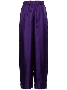 violet purple silk satin weave gathered detailing high waist elasticated waistband two side slit pockets two rear welt pockets palazzo design wide leg Palazzo Design, Palazzo Designs, Palazzo Trousers, Versace Outfit, City Dress, Violet Purple, Purple Silk, Summer Beach Wear, Ballet Flat Shoes