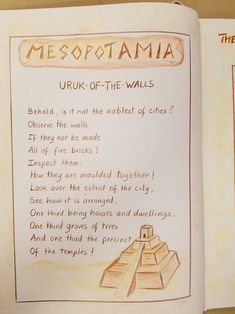 an open children's book about the history of mesodomia with pictures of pyramids