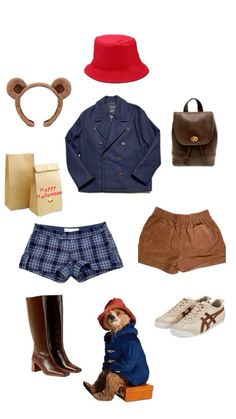 various items are arranged in the shape of a teddy bear wearing a hat, jacket and shorts