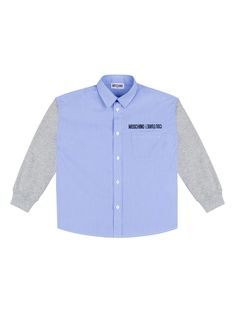 blue cotton blend long sleeves ribbed cuffs front button fastening embroidered logo at the chest Casual Blue Shirt With Contrast Stripes, Casual Long Sleeve Shirt With Embroidered Logo, Blue Cotton Tops With Ribbed Collar, Cotton Shirt With Ribbed Collar And Long Sleeves, Casual Cotton Shirt With Striped Cuffs, Casual Long Sleeve Shirt With Ribbed Collar, Blue Shirt With Striped Cuffs For Spring, Blue Tops With Button Cuffs For Winter, Blue Winter Tops With Button Cuffs