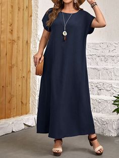 Plus Size Vacation Style Short Sleeve Round Neck Dress Navy Blue Casual  Short Sleeve Woven Fabric Plain Tunic Non-Stretch Summer Women Plus Clothing, size features are:Bust: ,Length: ,Sleeve Length: Plus Size Vacation, Yellow Long Dress, Plain Tunic, Round Neck Dress, Round Neck Dresses, Vacation Style, Navy Blue Dresses, Sport Pants, Tron