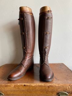 Antique Pair of WWI British Leather Cavalry Officer's Riding Boots Made by Craig & Davies, London - Woolwich. Complete with the original wooden lasts with brass ring pulls. 12" Sole 20" Height (22" Height incl. Boot Lasts) Victorian Riding Boots, Mens Riding Boots Equestrian, Brown Dressage Boots, Mens Tall Boots, English Riding Boots, Vintage Brown Boots With High-quality Finish, Field Boots, Mens Riding Boots, Cowboy Beans