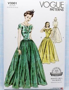 Vogue Sewing Pattern V2001, Misses' Retro Evening Gown, Uncut/FF, Misses' Size 18 20 22 24 26, Vogue 2001. One-Piece Evening Dress. The long length dress with tiny kimono sleeves, shaped collarless neckline, and a circular gathered-top two-piece skirt. The blouse features gathered fullness on either side of the V-shaped section at front and is seamed at center-back and at center-front below V. The skirt, cut crosswise of material at front and back, joins the blouse on a lowered waist-line seam. Vintage Fitted Green Gown, Vintage Dress Sewing Patterns, Vintage Vogue Patterns, Long Length Dresses, Sewing Pattern Shop, Pattern Dress Women, Vogue Dress, Vogue Sewing, Vogue Sewing Patterns