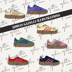 the adidas gazelle illustrations are all in different colors and sizes, including pink, blue, green, yellow, red