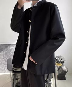 Black Mandarin Collar Student Blazer Jacket | Sunghoon - Enhypen M For School Outfits, Fashion Chingu, Types Of Coats, Sunghoon Enhypen, Tailored Pants, Colored Blazer, Crop Jacket, Mandarin Collar, Dressed Down