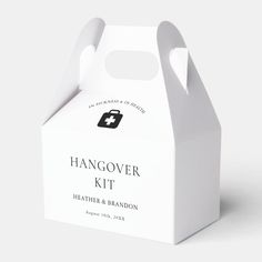 a white box with the words hangover kit printed on it