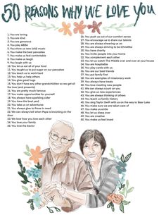 the 50 reason why we love you poster with an image of two people sitting next to each other