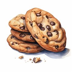 three chocolate chip cookies are stacked on top of each other