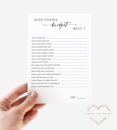 Ready to make your bridal shower unforgettable? Our 'Who Knows the Bride Best' game is here to add a personalized touch to your celebration! It's all about fun, laughter, and seeing who really knows the bride-to-be. With customizable questions, you can tailor the game to fit her unique personality and story.  Whether you're hosting a cozy get-together or a lively bash, this game will bring everyone together for a memorable time. So, get ready to create treasured moments and lots of laughter at y Who Knows The Bride Best Game, Bridal Shower Trivia, Who Knows The Bride Best, Game Template, Unique Bridal Shower, Bridal Shower Game, Game Printable, Party Printable, Bridal Shower Games