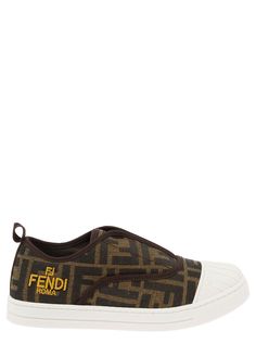 Sneaker Pull-on design White rubber round toe Logo lettering embroidery All-over FF jacquard motif Rubber sole Brown Cotton Composition: 100% Cotton Brown Sneakers With Logo Print And Round Toe, Brown Round Toe Sneakers With Logo Print, Lettering Embroidery, Kenzo Kids, Prada Leather, Stella Mccartney Kids, Card Holder Leather, Logo Embroidery, Italian Fashion