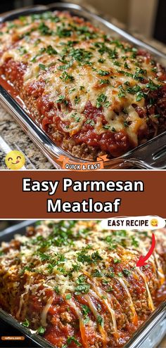 an easy parmesan meatloaf recipe is shown in two separate pans