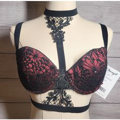 Indulge In A Seductive And Timeless Piece From Dreamgirl Lingerie. This Black And Garnet Floral Patterned Harness Bra Is Crafted From A Blend Of Delicate Lace And Accentuated With Crochet And Sequin Details. The Bra Features Underwire Support, Adjustable Bra Straps, And A Back Closure For Comfort. It Is Perfect For Intimate Occasions That Require A Touch Of Glamour And Sophistication. Hand Wash Only For Optimal Care. This Is A New With Tags Item, It May Still Have Flaws Or Tried On .Please View Lace String Bra For Party, Fitted String Bra With Lace Closure, Fitted String Bra For Party, Fitted String Bra In Black, Party Stretch Bra With Lined Body, Strawberry Bra, Vampire Life, Goth Lingerie, Victorian Gothic Style