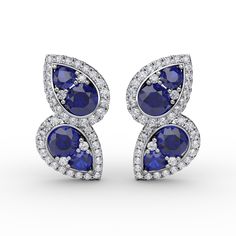 14K White Gold 8 Sapphires = 1.72ctw. 74 Round Brilliant-cut Diamonds = 0.46ctw., H-I/VS2-SI1 The earrings measure 17mm tall and 11mm wide. Luxury Sapphire Diamond Earrings With Round Cut, Luxury Round Sapphire Diamond Earrings, Luxury Blue Diamond Cut Earrings, Luxury Sapphire Gemstone Diamond Earrings, Luxury Sapphire Round Cut Earrings, Luxury Blue Brilliant Cut Diamond Earrings, Luxury Sapphire Earrings With Polished Finish, Luxury Sapphire Diamond Earrings For Engagement, Luxury Sapphire Diamond Earrings As Gift