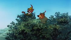 two cartoon characters sitting on top of a tree in the woods, one looking up at the sky