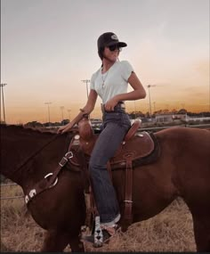 a woman sitting on the back of a brown horse in a grassy field at sunset