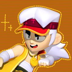 an image of a cartoon character with a hat and gold medal around his neck, in front of a yellow background