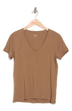 Pair this classic short sleeve V-neck t-shirt with your favorite shorts or jeans for everyday style. 24" length (size M) V-neck Short sleeves Solid Slub knit construction 100% cotton Machine wash Imported Brown Washed Short Sleeve Tops, Summer V-neck Washed Tops, Brown Washed Short Sleeve T-shirt, Soft-washed V-neck T-shirt Relaxed Fit, Cotton V-neck T-shirt For Everyday, Everyday Cotton V-neck T-shirt, Soft-washed V-neck T-shirt For Summer, Curator Style, Everyday Style