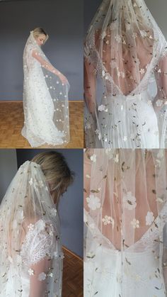 the back of a bride's wedding dress with flowers on it and veil over her head