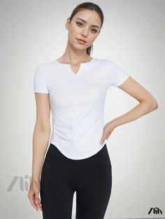 Zlily - Womens Solid-color V-neck Quick-drying Short-sleeved T-shirt - Perfect for Sports, Fitness, Yoga, and Running - Premium Activewear Solid V-neck Athleisure Top, Sportswear T-shirt For Exercise, Sporty Stretch V-neck Tops, White Sportswear Yoga Top, Solid Color V-neck Athleisure Top, White V-neck Athleisure Top, Sportswear Yoga Tops With Short Sleeves, White Athleisure Yoga Tops, Yoga Sportswear T-shirt With Short Sleeves