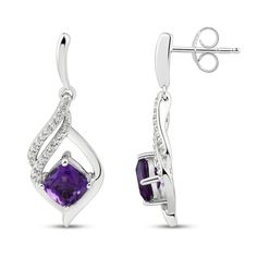 These gorgeous earrings for her feature cushion-cut amethysts set in classic sterling silver. Swirls of white topaz gemstones shimmer above to finish the look. The earrings secure with friction backs. Silver Cushion Cut Earrings With Diamond Accents, Elegant Silver Cushion Cut Earrings, Elegant Cushion Cut Gemstone Earrings, Silver Cushion Cut Earrings Fine Jewelry, Silver Cushion Cut Fine Jewelry Earrings, Classic Formal Earrings With Accent Stones, Elegant Formal Earrings With Accent Stones, Elegant White Gold Earrings With Accent Stones, Formal Earrings With Accent Stones