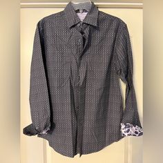 Mens Tasso Elba Dress Shirt. Never Worn No Rips Tears Or Stains Size M 15-15 1/2 Purple Fitted Cotton Shirt, Patterned Fitted Top For Formal Occasions, Patterned Formal Shirt For Spring, Patterned Long Sleeve Shirt For Semi-formal Occasions, Purple Fitted Top For Semi-formal Occasions, Fitted Purple Top For Semi-formal Occasions, Patterned Long Sleeve Formal Shirt, Formal Fitted Patterned Shirt, Formal Long Sleeve Patterned Shirt