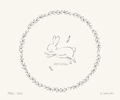 a black and white drawing of a rabbit in a circle with leaves on it's sides