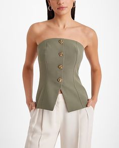 Strapless Novelty Button Split Hem Corset Tube Top | Express Chic Strapless Top With Button Closure, Chic Strapless Top With Buttons, Elegant Tops With Gold Buttons, Novelty Buttons, Chic Look, Split Hem, Tube Top, Split, Sleek