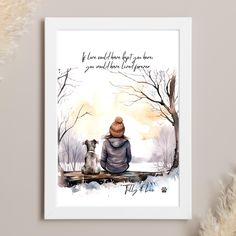 a watercolor painting of a woman and her dog sitting on a bench in the snow