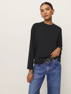 Shop the Asher Oversized Long Sleeve Tee from Reformation, a full-length sweatshirt with a relaxed fit and crew neckline. Oversized Long Sleeve Classic T-shirt, Washed Black Relaxed Fit Long Sleeve Sweatshirt, Long Sleeve Washed Relaxed Fit T-shirt, Ribbed Long Sleeve Relaxed T-shirt, Washed Black Long Sleeve Cotton T-shirt, White Long Sleeve Tee, Work Wear Outfits, Long Sleeve Tees Women, Floral Shoes