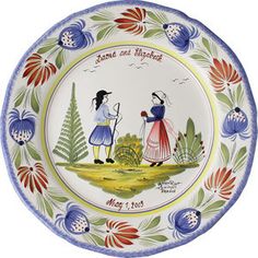 a plate with an image of two people on the front and side, one holding a cane