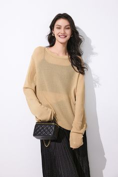 Fibflx Women's Crewneck Oversized Ribbed Knit Crochet Sweater Oversized Pointelle Knit Chic Top, Chic Oversized Pointelle Knit Top, Chic Oversized Pointelle Knit Sweater, Oversized Beige Open Knit Sweater, Oversized Knitted Top For Spring, Knit Crochet Sweater, Open Stitch Sweater, Stitch Sweater, Ribbed Texture