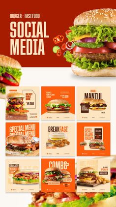 an advertisement for burger fast food with many different types of meats and lettuce