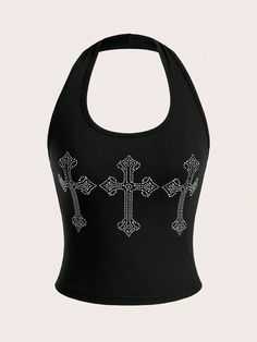 Women's Cross & Rhinestone Decor Halter Neck Tank Top Black Casual   Fabric Geometric Halter High Stretch  Women Clothing, size features are:Bust: ,Length: ,Sleeve Length: Backless Halter Top, Halter Neck Crop Top, Black Punks, Sequin Halter, Halter Tank Top, Halter Tank, Tanktop Girl, Estilo Hip Hop, Halter Tops