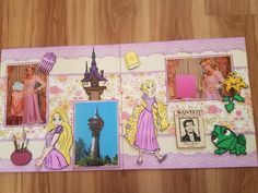 the inside of a scrapbook with princesses and pictures on it's cover