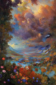 an oil painting of flowers and clouds in the sky over a body of water surrounded by trees